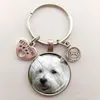 Fluffig hund glas cabochon nyckelchain smart patient och barnvänlig fransk bulldog nyckelkedja män kvinnor smycken gåva