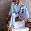 Women's Two Piece Pants 2022 Spring Women Casual Solid Color Pajamas Fashion V Neck Lantern Long Sleeve 2pcs Set Ladies Cozy Simple Tops Long Pants Suit T221012