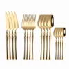 Dijksets Sets Mirror Golden bestek Set Travel Fork Spoons Knives Western Flatare Kitchen Toolgerei Bright Gold Utensils Dropshopping