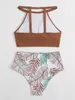 Женский с высокой талией отпечаток листьев o Neck Elastic Summer Bounge For Forme Bikini Fashion Contress Set Set Set Set Setuls