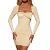 Casual Dresses Women Wrapped Dress Long Sleeve Square Neck Solid Color Pleated Hollow Out Bodycon Mini Party Club Vestidos