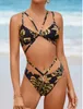 Kadınlar Siyah Baskılı Mayo Split Plaj Suit Criss-Cross Back Bikini Seti