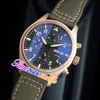 43mm Pilots IW389103 6S00 Quartz Chronograph Mens Watch Black Dial Rose Gold Case Green Nylon Leather Stopwatch Double Calendar Watches Timezonewatch E124A6