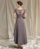 Серые A-Line Mother of the Bride Pless Plus Plus Size Vintage V Шея лодыжка шифонового кружев