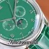 TWF Perpetual kalender IW344207 A52650 Automatische herenwork 42,4 mm Groene wijzerplaat Maanfase stalen kast groene lederen band horloges TimeZoneWatch