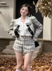 Rousistas femininos Fall Fall Elegant Lady 3 Peças Roupas Bow White Shirtplaid Short Jackets Shorts Setos British Style Chic 3pc