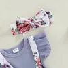 Ensembles de vêtements infantile bébé fille barboteuse col rond manches à volants nœud papillon décoré imprimé fleuri Patchwork bandeau 0-18M