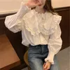 Kvinnors blusar Zhoutaylor Women Shirts Fashion Office Lady Ruffled Collar Full Flare Sleeve Femme Single Breasted Straight Topa Kvinna