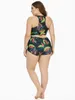 Taille plus taille Tropical Print Contrast Mesh Bikini Set Women's's Plus High Waist Boho Swimsuit