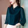 Dames blouses dames vintage elegante satijnen blouse gaas 3/4 mouw pullover zomer lente revers revers casual mode losse vrouwelijk vast shirt