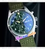 43mm Pilots IW377726 6S00 Quartz Chronographe Montre Homme Vert Blanc Numéro Cadran Boîtier En Acier Vert Nylon Cuir Chronomètre Double Calendrier Montres Timezonewatch