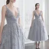 Paolo Sebastian Prom Vestidos de renda Aplicado Rhinestones Uma linha Vestidos de noite de comprimento de chá