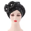 Beanies Beanie/Skull Caps Hanxi Luxury Rhinestone Pearl African Hat Beanie Women Flower Auto Gele Headtie Lady Nigerian Turban Muslim Cap