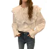 Kvinnors blusar Zhoutaylor Women Shirts Fashion Office Lady Ruffled Collar Full Flare Sleeve Femme Single Breasted Straight Topa Kvinna