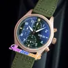 43mm Pilots IW389103 6S00 Quartz Chronograph Mens Watch Black Dial Rose Gold Case Green Nylon Leather Stopwatch Double Calendar Watches Timezonewatch E124A6