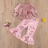 Ensembles de vêtements 2 pièces pour bébés filles, tenues sexy pour tout-petits, haut à manches longues, épaules dénudées, imprimé floral, pantalon évasé