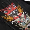 スリムフィットメンズブラックデニムベスト春夏刺繍フクロウのノースリーブジャケットカジュアルオートバイストリートパンクラペルカーディガン