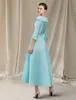 Mint Green Mother of the Bride Dress Elegant Bateau Neck Ankle Length Satin 3/4 Sleeve Groom Guest Gowns With Sash 2022 Robe De Soiree