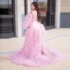 Pink Extra Puffy Prom Kleider Frauen Geburtstagskleid für Fotoshooting lange Ärmel sehen durch Tulle Roben Abendkleider