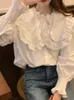Kvinnors blusar Zhoutaylor Women Shirts Fashion Office Lady Ruffled Collar Full Flare Sleeve Femme Single Breasted Straight Topa Kvinna