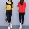 Pantalon deux pièces femme coréen été fermeture éclair contraste survêtement 2 pièces ensemble femmes manches courtes femme rouge t-shirt hauts costume décontracté