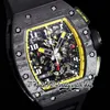 Z Ultimi zf202255011 Orologio da uomo A7750 Cronografo Automatico NTPT Cassa in fibra di carbonio Quadrante scheletrato Indicatori numerici Cinturino in caucciù giallo Super Edition Orologi per l'eternità