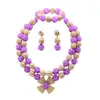 Necklace Earrings Set & Fashion 2 Layers Lavender Stone Ball Dubai Gold Bead Accessorise Women Purple Jewelry Wedding Party Love Gift FT268
