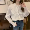 Kvinnors blusar Zhoutaylor Women Shirts Fashion Office Lady Ruffled Collar Full Flare Sleeve Femme Single Breasted Straight Topa Kvinna