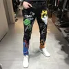 Men's Jeans Fashion Streetwear Black Color Paint Printed Designer Hip Hop Pants Slim Fit Elastic Punk Style Pencil