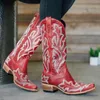 Laarzen vrouwen midden kalf westerse cowboy puntige teen knie hoge slip-on laars 2022 moderne lederen borduurwerk botas de mujer