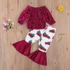 Ensembles de vêtements 2 pièces pour bébés filles, tenues sexy pour tout-petits, haut à manches longues, épaules dénudées, imprimé floral, pantalon évasé