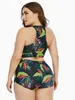 Taille plus taille Tropical Print Contrast Mesh Bikini Set Women's's Plus High Waist Boho Swimsuit