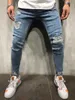 Men's Jeans 2021 Spring and Autumn European American High Street Mens Slim Feet Scratched Denim Trousers Trendy Youth Ripped