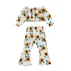 Ensembles de vêtements 9M-4T infantile enfants bébé filles tournesol imprimé vêtements ensemble à manches longues épaules dénudées hauts courts pantalons évasés