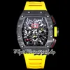 Z Ultimi zf202255011 Orologio da uomo A7750 Cronografo Automatico NTPT Cassa in fibra di carbonio Quadrante scheletrato Indicatori numerici Cinturino in caucciù giallo Super Edition Orologi per l'eternità