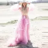 Extra gezwollen roze tule prom jurken vrouwen verjaardagsjurk voor fotoshoot lange mouwen Zie door tule gewaden avondjurken