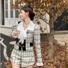 Rousistas femininos Fall Fall Elegant Lady 3 Peças Roupas Bow White Shirtplaid Short Jackets Shorts Setos British Style Chic 3pc