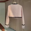 Jackets femininos 2022 Moda durante toda a temporada Managem feminina Bolso com botão emendado Jaqueta de malha de malha Tweed Casual Feathers