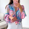 Women's Blouses 2022 Fashion Retro Pattern Printed Shirts And Tops Spring Elegant Lapel Button Fall Long Sleeve Bow Ladies