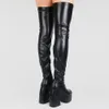 Damen-Stiefel mit dicken Absätzen, Punk-Stil, klobige Plattform, über dem Knie, elastische Stiefel, Herbst-Winter, warme Stiefeletten, sexy High Heels, schwarzer Reißverschluss, Damen-Partyschuhe, Übergröße 35–43