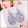 Charm Fashion Charm Feather Print Pu Leather Earrings For Women Dangle Drop Earring Oval Waterdrop Ear Party Wedding Jewelry Wholesal Dhmnk