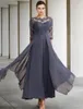 A-Linie Kleid für die Brautmutter in Übergröße, elegant, mit Juwelenausschnitt, knöchellang, Chiffon, Spitze, halbe Ärmel, mit gerüschten Rüschen, Applikationen, 2022 Robe De Soiree