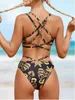 Kadınlar Siyah Baskılı Mayo Split Plaj Suit Criss-Cross Back Bikini Seti