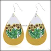 Dangle Lustre Tournesol Imprimé Faux Cuir Boucles D'oreilles En Forme De Larme Colorf Couches De Fleurs Motif Goutte D'eau Cadeaux Créatifs Livraison Dhv4P