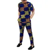 Men's Tracksuits African Men Clothes Set Short Sleeves Patchwork Tops Elastic Waist Pants Nigerian Print Male Wedding Groom Suit