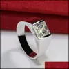 Anillos de boda Marca Solitario Simple Joyería de boda fina 925 Sterling Sier Princess Cut Party Sapphire Cz Mujeres Hombres Anillo de banda Regalo D Dhirn