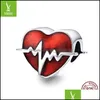 Charms 100% 925 Sterling Sier Charm Love Heart ECG Red Emamel Pärlor Fit armband för kvinnor smycken gåva droppleverans 2022 Hitta dhyjt