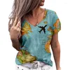 T-shirts pour femmes 5XL surdimensionné été imprimé fleuri chemise femmes à manches courtes 3D carte mode décontracté col en v dames taille haut ample 2022
