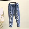 Damen Jeans Damen Sommer Loch Elastische Hohe Taille Hosen Große Größe Lässig Sieben Punkte Harem Vintage Blue Denim AH24