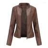 Women's Fur Women's Leather Slim Fit Jacket Thin Coat Biker Large Size Stand Collar